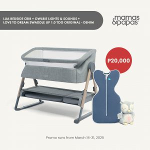 Sleep Solution Bundle Promo: Mamas and Papas Lua Bedside Crib, Light & Sounds Sensory Toy - Owlbie and Love To Dream Swaddle Up™ Original Cotton 1.0 TOG – Denim